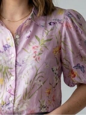 Bailey/44 Floral Buttondown Puff Sleeve Blouse Etherial Fairycore Top XL Pink